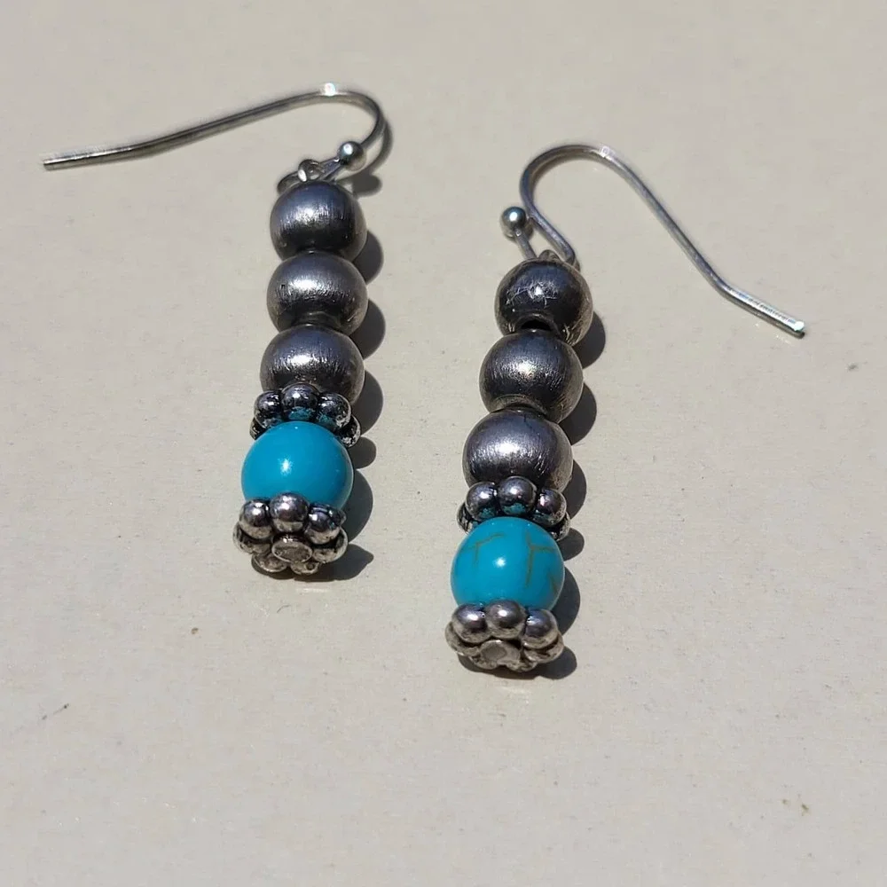 Vintage Sterling Silver Turquoise Dangle Earrings Blue Bead Southwestern Boho
